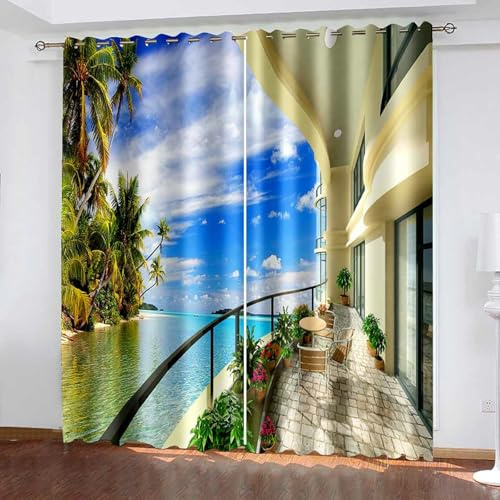 Bishilin Verdunkelungsvorhänge mit Ösen 2er Set 86x229CM, Blickdichte Vorhänge Balkonblick Meer und Kokospalmen Gardinen Verdunkelung Kinderzimmer Jugendzimmer