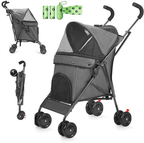 Hundewagen 3in1 Hundebuggy Bis 15kg kleine mit telgroße Hunde, Faltbarer Haustier-Reisewagen mit Getränkehalter & Aufbewahrungskorb roßes Fassungsvermögen, leicht zu tragen, Dunkelgrau