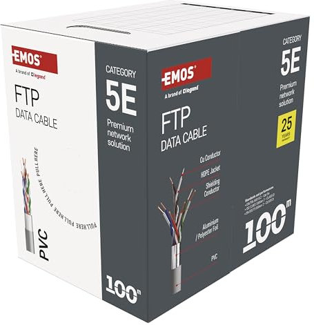 EMOS - Cable de red FTP CAT 5e, 100m, PVC - Cable de conexión CAT5e FTP - Cable LAN Gigabit - Cable Ethernet blindado - para interiores