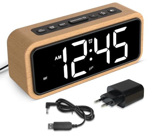 Wecker Laut für Tiefschläfer, Wecker Holz mit LED Anzeige, 12 Alarm-Klingeltöne, 5 Helligkeit Einstellbar, 5 Lautstärken, Manuelles DST, Braun Wecker Retro für Schlafzimmer (Buche-Weiß)