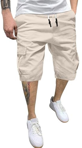 Pantacourt Homme Cargo, Shorts Et Bermudas Jogging Fitness Gym Short De Travail En Coton Chino Ample Taille élastiquée été Cordon De Serrage Lâche Loose Avec 6 Poches Casual Sport Vacances Plage Poche