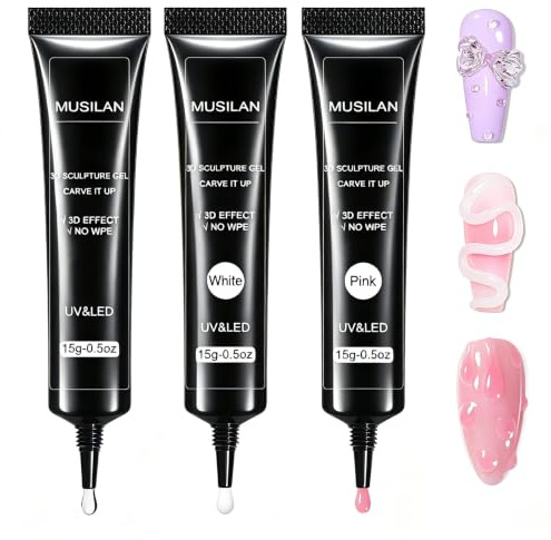 MUSILAN 3PCS Gel 3D Nail Art - 15g Aufbaugel 3D Sculpting Gel Rhinestone Glue zum Selbermachen von Nagelschnitzereien design für Prägungen und Formgel zur Dekoration 3 Farbiges (klar, rosa, weiß)