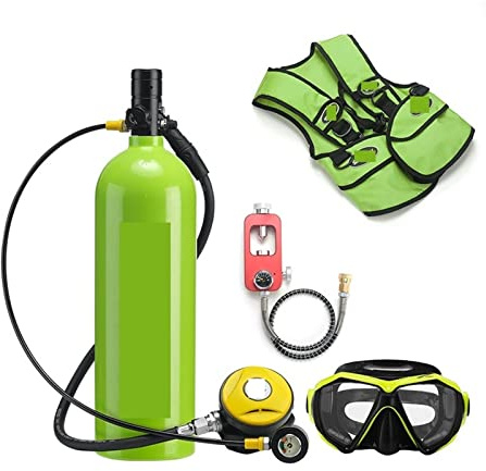 CUDTAPI Mini Bouteille de plongée 2L Plongée Respirateur Équipement De Plongée Bouteille en Aluminium Bouteille De Gaz Adulte Natation Plongée en Apnée Tuba Manomètre Résiduel(Groen,B)