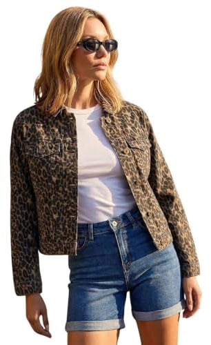 Roman Originals Jean Denim Jacket for Women UK Ladies 100% Cotton Summer Casual Stretch Crop Smart Utility Trucker Biker Fitted Vintage Wash Faded Classic Work Twill - Size 20 - Animal Leopard