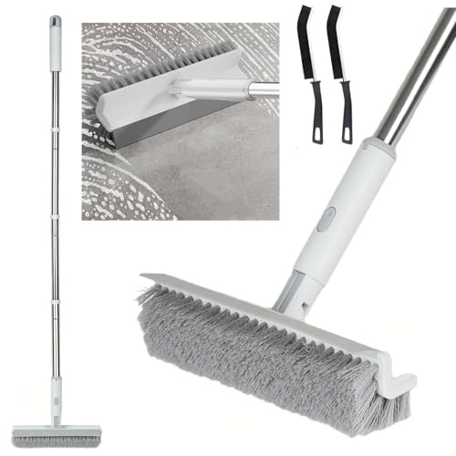2 in 1 Floor Scrubbing Brush with Long Handle, Scrubbing Floor Brush with Squeegee Magic Brush + 2 Crevice Brushes, Grout Brush for Cleaning Tile Grout Lines Crevices Bathroom Kitchen Patio (White)
