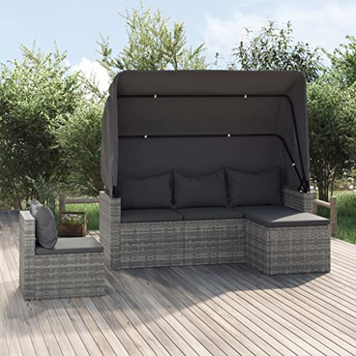 YuuSsea 4-TLG. Garten-Sofagarnitur mit Kissen Grau, Poly Rattan, faltbares Dach, pulverbeschichteter Stahlrahmen, Bequeme Outdoor-Sitzgruppe für Terrasse & Balkon