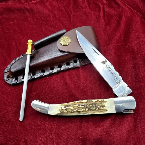 CRAFTOMATIK Edelstahl Taschenmesser | Klappmesser Laguiole | Hirschhorn Griff, 440C Carbon Stahl Klinge | Handgefertigt Outdoor Camping Messer | FK03S