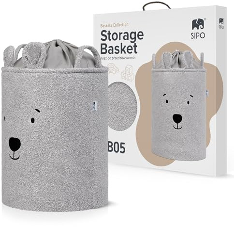 SIPO Geräumiger 43L XL Spielzeug-Aufbewahrungskorb – Kinder-Organizer aus Premium-Bouclé, mit Kordelzug, viel Platz für Kuscheltiere & Bausteine, für die Spielecke, Grauer Teddybär