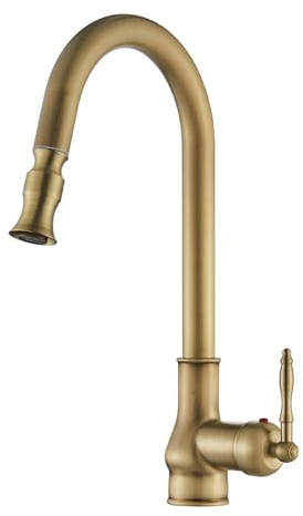 Rubinetto da Cucina in Ottone Antico Stile Retro, Miscelatore da Cucina con Doccetta Estraibile, Girevole a 360°, Monocomando con Funzione Spruzzo per Cucina