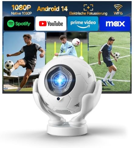 Magcubic Proiettore Portatile 4K, Android 14 con WiFi 6 e BT 5.4, Mini Videoproiettore 1080P a Forma di Pallone da Calcio, Rotazione 180°, Focale Auto, Proiettore per Home Cinema, Gaming ed Esterno