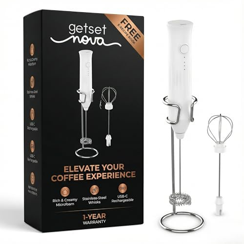 Rechargeable Milk Frother Handheld - Mini Electric Hand Whisk, Coffee Frother & Mixer Powerful Motor Milk Frothers Coffee. (White with Stand)