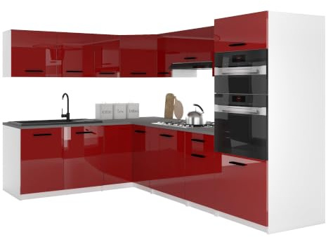 Belini Italia 8 Eckküche Küchenblock 420cm Rot | Küchenset als Eckküche, weiße Korpusse, DECOR ECONATURA Material, kratzfest, ohne Elektrogeräte, mit Arbeitsplatte