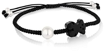 TOUS Pulsera de Cordón para Mujer con Motivo Oso en Ónix y Perla 1,3 cm, Simple y Elegante, Colección Tibet