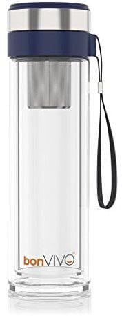 bonVIVO VitaliTEA Insulated Glass Travel Mug – 16 oz with Stainless Steel Infuser – Double-Walled Bottle for Hot & Cold Drinks – Stylish Gift for Tea Lovers