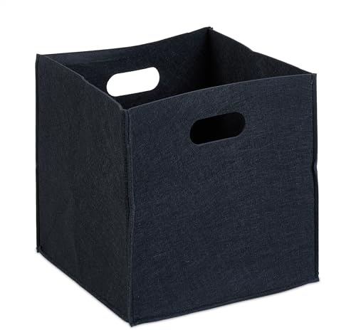 Relaxdays Quadratischer Filzkorb 4er Set, schwarz | faltbar, mit 2 Trageöffnungen, schicker Regalkorb