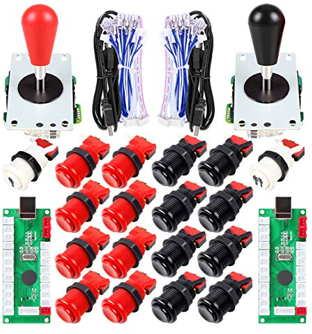 EG STARTS 2 Piezas de Arcade Joystick para Bricolaje codificador USB + 2X Ellipse Oval Joystick Handle 18x Botones Estilo Americano Arcade para PC, MAME, Raspberry Pi, Sistema Windows (Rojo & Negro)