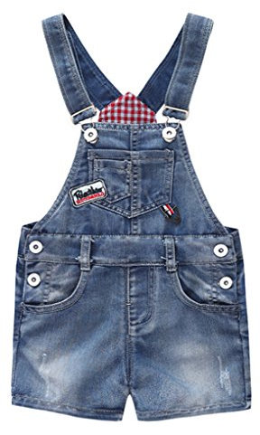 KIDSCOOL SPACE Salopette di Jeans per Neonata,Shortall in Denim Strappato,Blu,5-6 Anni