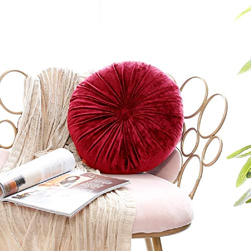 Samtkissen Rund 40x40 cm Wunderschönes Kissen Zierkissen Couchkissen Samt Gefühl Plissiert mit Eleganter Knopfraffung Dekokissen Weinrot