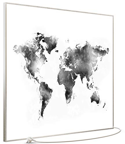 STEINFELD Bild Infrarotheizung mit Thermostat | Made in Germany | viele Motive 350-1200 Watt Rahmen silber (1200W, 026 Weltkarte Weiß)