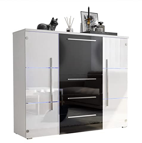 lukmebel Kommode BARI Hochglanz mit Schubladen und Barfach Wohnzimmer Wohnzimmerschrank LED kostenlos HG Highboard Sideboard Schrank Schlafzimmer Schrank Mehrzweckschrank (Weiß/Schwarz + Weiß)