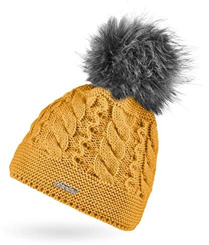 Neverless® Damen Strick-Mütze mit Zopfmuster gefüttert mit Fleece Pelzbommel Kunstfell Winter-Mütze Bommelmütze senfgelb
