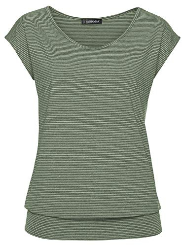 TrendiMax Damen T-Shirt Kurzarm Streifen Shirt Sommer Oberteil Casual Bluse Tops Basic Tee, Grün, S