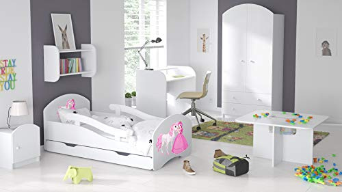BDW Kinderbett Jugendbett 140 160 180 mit Einer Schublade mit Matratze mit Motiv (160x80cm Weiß)