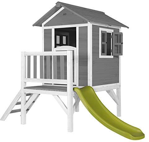 AXI Spielhaus Beach Lodge XL in Grau mit Rutsche in Hellgrün | Stelzenhaus aus FSC Holz für Kinder | Kleiner Spielturm für den Garten.