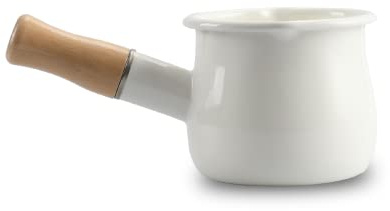 FARCADY 0.6qt Mini Enamel Milk Pot Insulated Wooden Handle 2 Pour Spouts Small Food Warmer Cute Saucepan(D015,White)