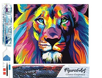 Figured’Art Diamond Painting Broderie Diamant 40x50cm Toile Entière Roulée avec Strass Perles Carrés - Lion Pop Art - Kit Complet Animaux 5D DIY Activité Manuelle Loisirs Créatifs Adultes