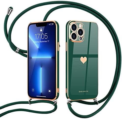 Wirvyuer Handyband Kompatibel mit iPhone 13 Pro Handyhülle Necklace Hülle mit Band zum Umhängen Kameraschutz Liebesherz Schutzhülle mit Halsband Silikon Umhängetasche für iPhone 13 Pro Dunkelgrün