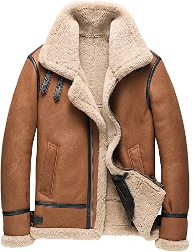 Denny&Dora Herren Lammfellmantel Herren Fliegerjacke Herren Pelzmantel B3 Schaffell Outwear (M, Braun)