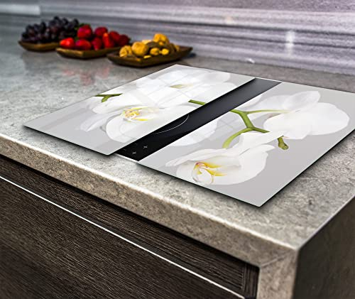 Hob Cover, Induction Electric Cooker, Chopping Board, Tempered Glass, Set of 2, Orchid Flower on Grey, VA Art Glass (2x wide 30 x height 52 /cm)