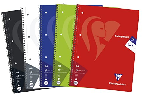 Clairefontaine 307253C - Packung mit 5 Heften / Collegeblöcken, DIN A4, 80 Blatt 90g dot/punktkariert, Farben sortiert, 1 Pack