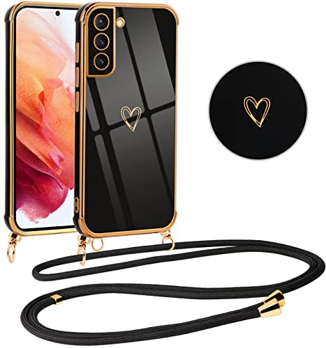 Vauki Coque pour Samsung Galaxy S21 5G avec Cordon de Collier, Galvanisé Etui Housse avec Motif Coeur d'amour, Antichoc Anti-Rayures Case avec Bandoulière pour Samsung S21 5G 6.2, Nior