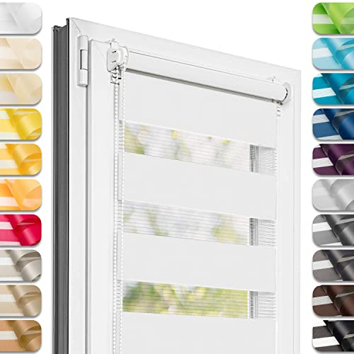 Estika Doppelrollo Klemmfix ohne Bohren - 130 cm x 220 cm - Weiß - 27 Stofffarben, Tag und Nacht Duo Rollo, Rollos für Fenster ohne Bohren, Fenster Sichtschutz (130 cm Stoffbreite)