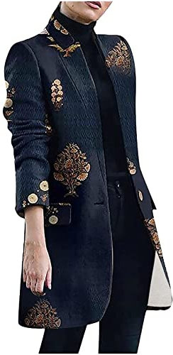 Susenstone Femmes Tweed Blazer Veste Élégant Casual Revers Col Ouvert Avant Cardigan Blazer Regular Fit Longline Costume Veste Survêtement Hiver Automne Trench Coat Dames, Bleu-03, XXL