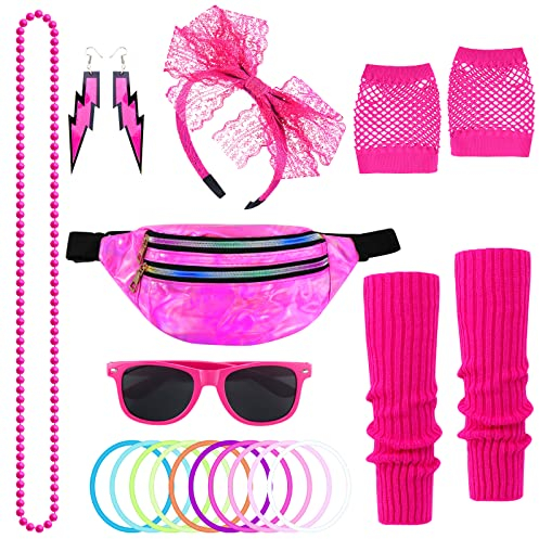 Dreamtop 20Pcs 80er Jahre Accessoires für Frauen, 80er Gürtel Tasche Jahre Stirnband Spitze Ohrringe Fischnetz Handschuhe 80er Jahre Frauen Neon Beinwärmer für 80er Kostüm Cosplay Requisiten