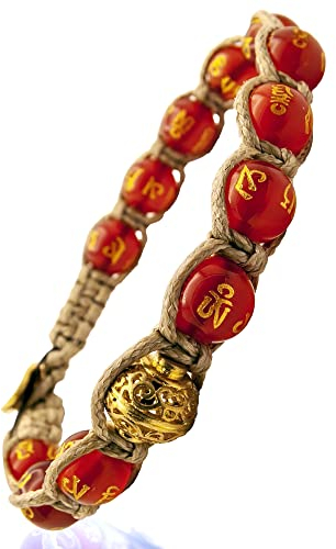 Samsara Bracciale Tibetano Buddista - shamballa con pietra agata rossa e Mantra oro - Filo in cotone cerato sabbia