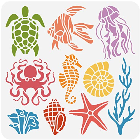BENECREAT Meerestiere Malschablone, 30x30cm Schildkröten Kraken Quallen Muscheln Korallen Ozeane Schablonen für Heimwerker, Scrapbook, Wanddekoration