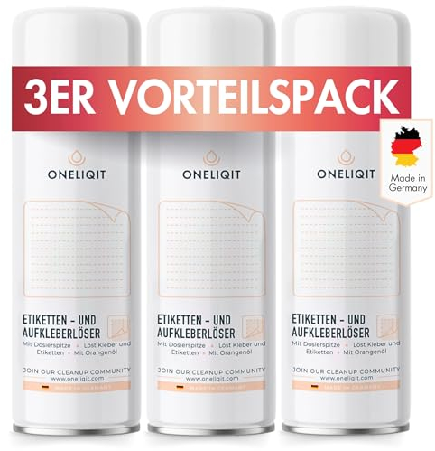 ONELIQIT® Etikettenentferner, Etikettenlöser, Klebereste Entferner mit Orangenöl 3x 200ml für das einfache Entfernen von Etiketten, Aufklebern, Vignetten & Klebstoffen