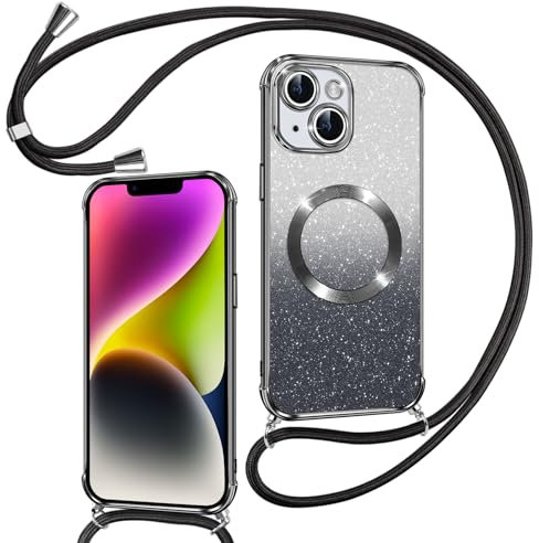 Phoona Handyband Hülle für iPhone 14 mit Band [kompatibel mit MagSafe], Luxuriöse Glitzer Beschichtung Magnetische Handyhülle für iPhone 14 Silikon TPU Stoßfest Schutzhülle, Schwarz