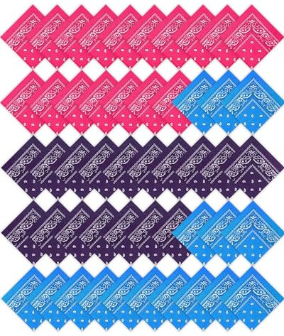 50 Pcs Bandanas Paisley Cowboy Polyester Bandanas Bulk Multi Purpose Headband for Men Women Party Costume, Rose Red, Dark Purple, Lake Blue, approx