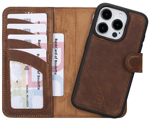 BOULETTA Wallet Case for iPhone 15 Pro Full Grain Leather Wallet, Detachable Magnetic Flip Cover, Card Holder, iPhone 15 Pro Wallet Case MagSafe Compatible RFID Blocking 6.1 inch, Antic Brown