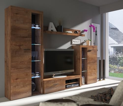 BROMARKT Samba Wohnwand - Wohnzimmer Möbel Set 4 Teile - Wohnzimmerschrank - Schrankwand Wohnzimmer - Wohnwand Modern - Wohnwand Wohnzimmer - Wandschrank Wohnzimmer - Lefkas Eiche