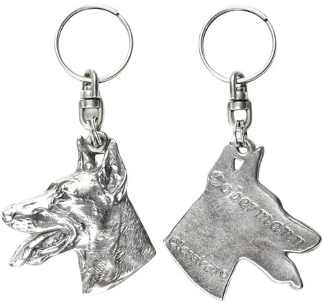 Art-Dog Niedlicher Hundeschlüsselanhänger - Exklusive Kollektion Dobermann Classical - Klassischer Dobermann Schlüsselanhänger Hund - Versilberte Keyring mit 2,5 Schloss - 5,2x4,7x9,6cm