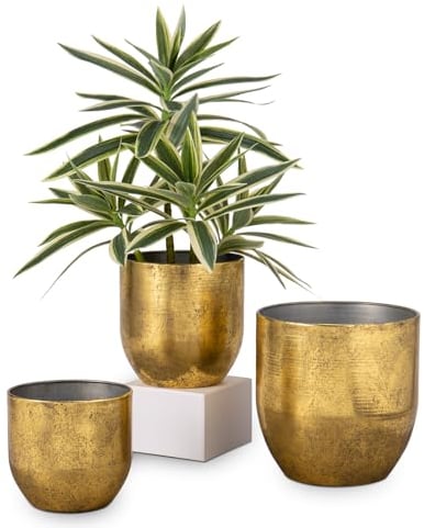Oairse 3er Set Blumentöpfe aus verzinktem Stahl perfekt für Moderne Dekoration und Pflanztöpfe, Dekorativen Zink Töpfen drinnen und draußen,16.5cm/13.5cm/12cm, Metallgold