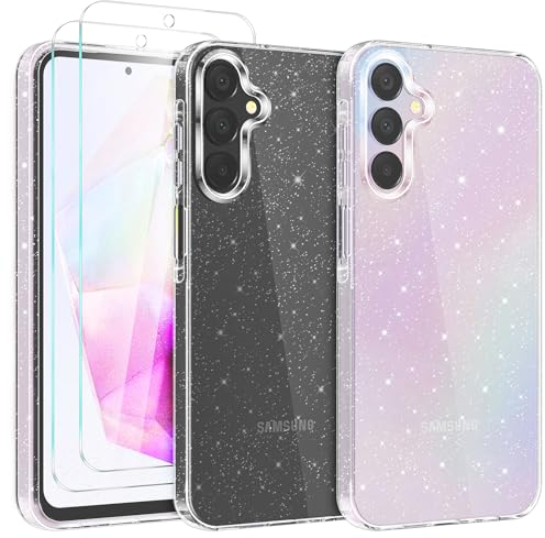 YIRSUR Glitzer Hülle für Samsung Galaxy A35 5G, mit 2 Stück Glasfolie, Transparent Handyhülle Bling Weiche TPU Silikon Stoßfest Schutzhülle für Frauen und Mädchen