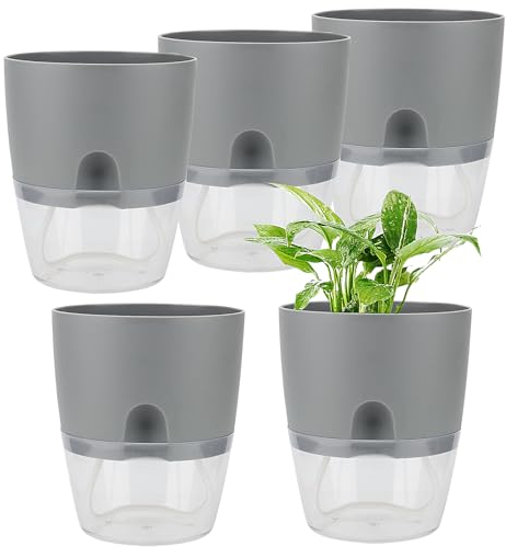FAAING Lot de 5 Pots de Fleurs, Pots à Herbes Aromatiques, en Plastique, avec système d'arrosage Automatique et Stockage d'eau, Gris, 15 cm, pour Rebord de fenêtre, Jardinière intérieur