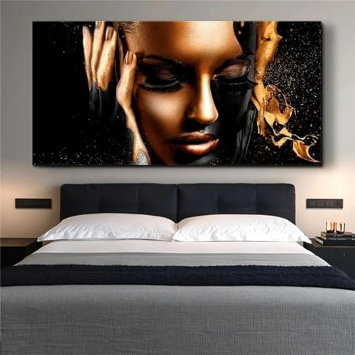 Großes schwarz-goldenes nacktes afrikanisches Frauen-Ölgemälde auf Leinwand, Poster und Drucke, moderne Kunst-Wandbilder für Wohnzimmer, 70 x 140 cm, rahmenlos